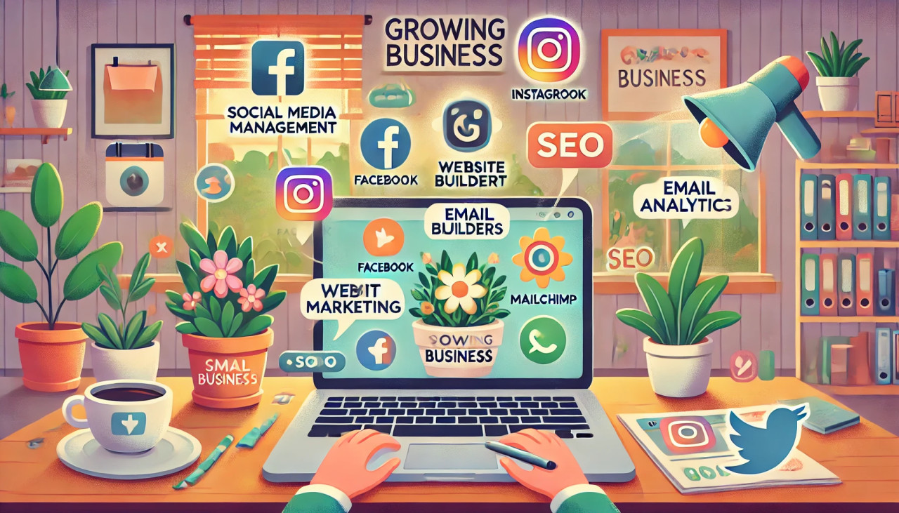 DALL.E-2024-09-30-16.59.32---A-colorful-cartoon-style-illustration-showing-online-tools-and-services-for-small-businesses.-The-image-features-a-laptop-displaying-various-tools-suc