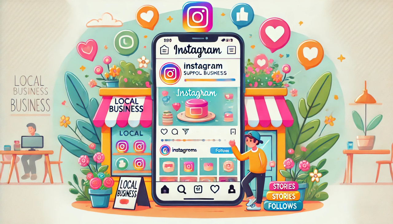 DALL.E-2024-09-30-12.15.11---A-colorful-cartoon-style-illustration-showing-how-Instagram-supports-small-businesses.-A-small-business-owner-is-posting-a-product-on-Instagram-using-